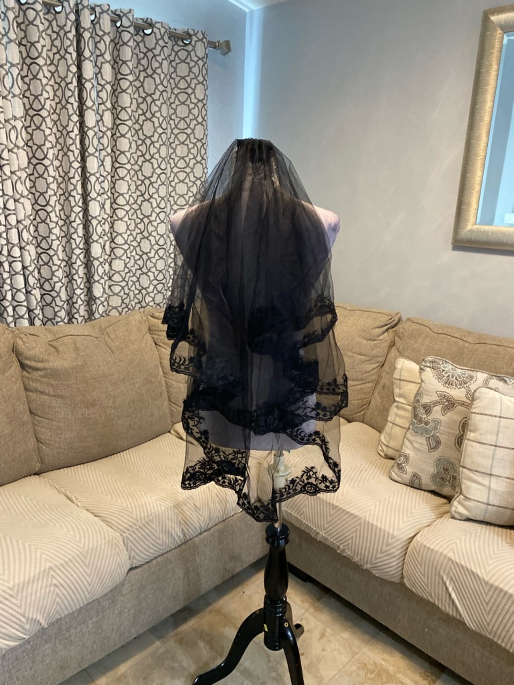 New Black Wedding Veil with ornate floral lace trimming
